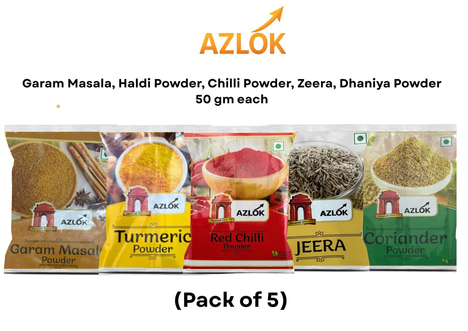 Indian Kitchen Essentials Combo – Garam Masala, Haldi, Red Chilli, Jeera & Dhaniya Powder | 50g Each | Premium Quality Pure & Fresh Spices – Pack of 5