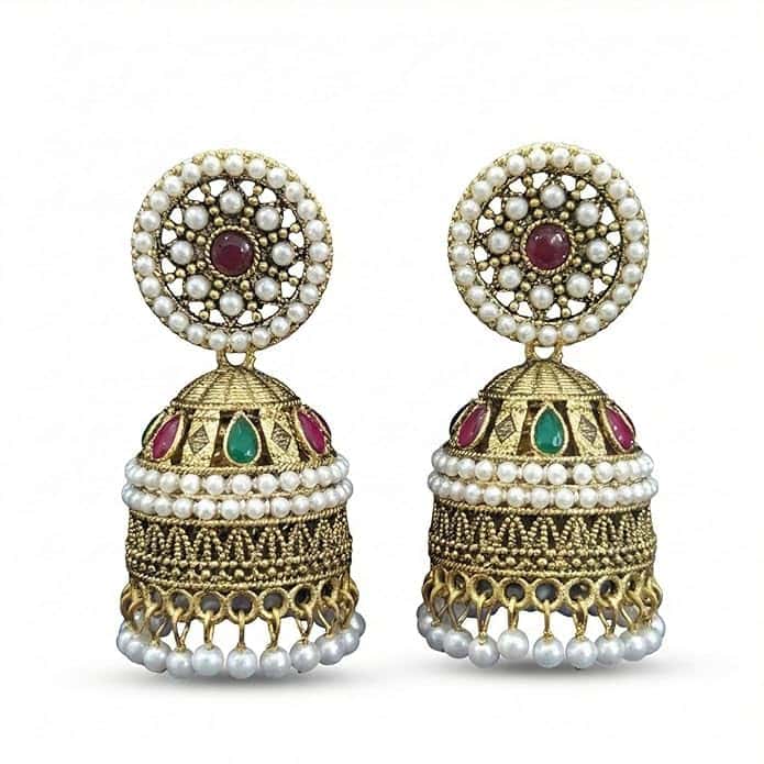 Traditional Golden Plated Pearl Jhumka Earrings for Women | Ethnic Red Green Stone, Temple Jhumki, Bridal Festive Jewelry
