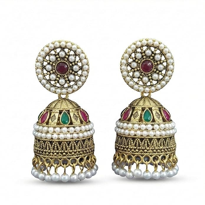 Traditional Golden Plated Pearl Jhumka Earrings for Women | Ethnic Red Green Stone, Temple Jhumki, Bridal Festive Jewelry - Image 1