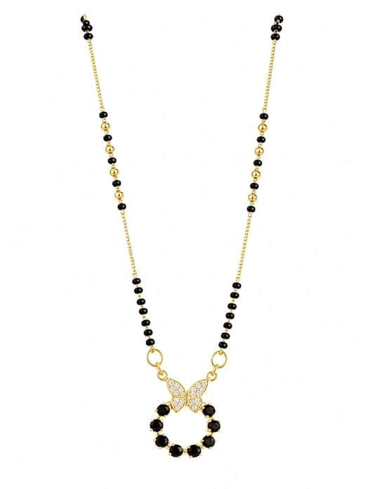 Gold Plated Butterfly Pendant Short Mangalsutra for Women | Sparkling CZ Stone & Black Beaded Circle Charm for Daily Wear