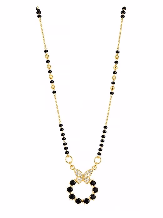 Gold Plated Butterfly Pendant Short Mangalsutra for Women | Sparkling CZ Stone & Black Beaded Circle Charm for Daily Wear - Image 1