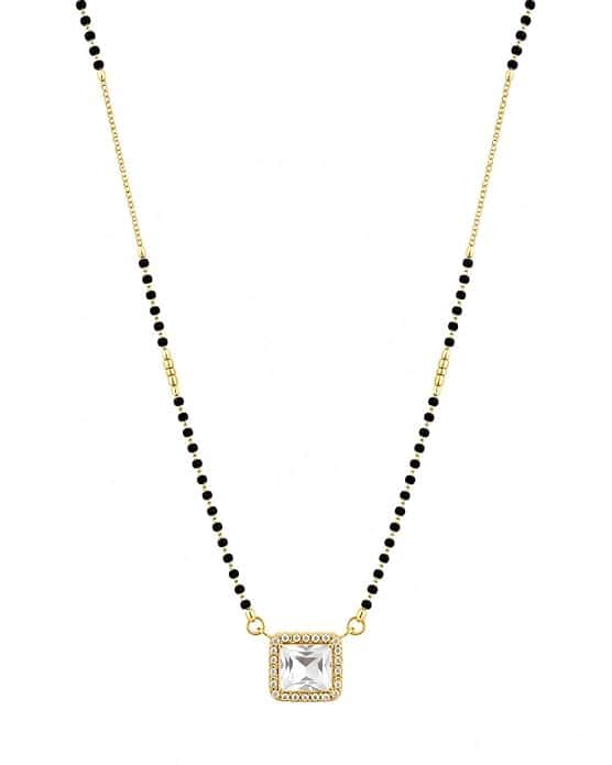 Gold Plated Solitaire Crystal Mangalsutra for Women Modern Square CZ Diamond Pendant with Black Beaded Chain Everyday Minimalist Ethnic Jewellery for Women