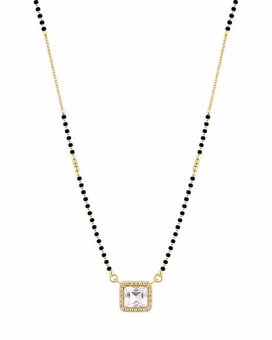 Gold Plated Solitaire Crystal Mangalsutra for Women Modern Square CZ Diamond Pendant with Black Beaded Chain Everyday Minimalist Ethnic Jewellery for Women - Image 1