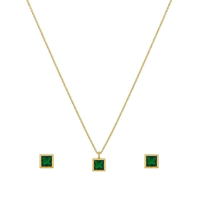 Gold-Toned Emerald Green Square Pendant Necklace And Earrings Set