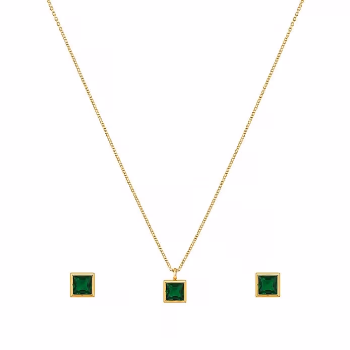 Gold-Toned Emerald Green Square Pendant Necklace And Earrings Set - Image 1