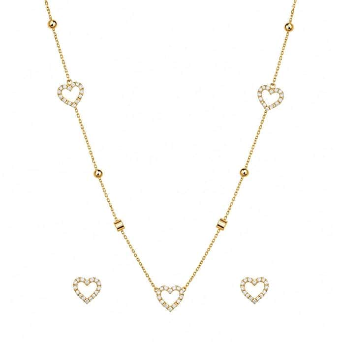 Gold-Toned Crystal Open Heart Necklace And Earrings Set
