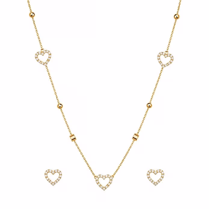 Gold-Toned Crystal Open Heart Necklace And Earrings Set - Image 1