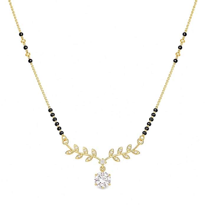 Gold Plated Leaf Design Cubic Zirconia Solitaire Pendant Mangalsutra with Black Beads Chain Necklace for Women and Girls