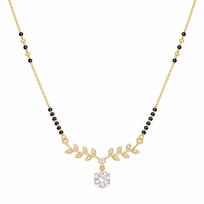 Gold Plated Leaf Design Cubic Zirconia Solitaire Pendant Mangalsutra with Black Beads Chain Necklace for Women and Girls - Image 1