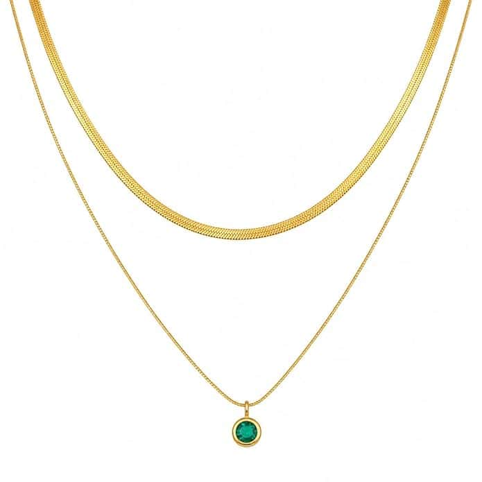 Gold Tone Layered Necklace for Women, Double Chain Pendant Necklace with Green Stone, Stylish Statement Jewellery for Festive