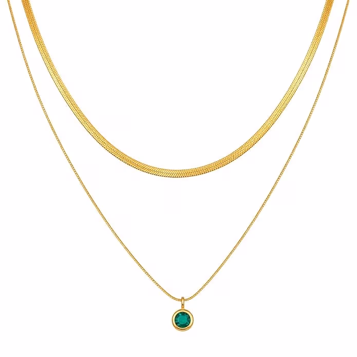 Gold Tone Layered Necklace for Women, Double Chain Pendant Necklace with Green Stone, Stylish Statement Jewellery for Festive - Image 1