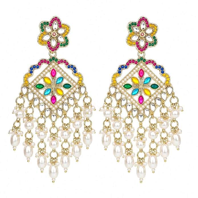 Multicolor Artificial Pearl Dangle Earrings for Women, Gold Tone Traditional Statement Earrings with Kundan Style Detailing and Hanging Pearl Drops