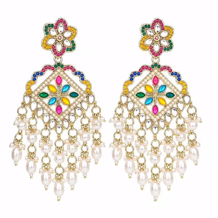 Multicolor Artificial Pearl Dangle Earrings for Women, Gold Tone Traditional Statement Earrings with Kundan Style Detailing and Hanging Pearl Drops - Image 1