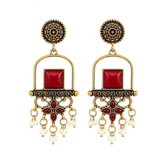 Artificial Pearl Dangle Earrings for Women, Gold Tone Statement Earrings with Traditional Decorative Design