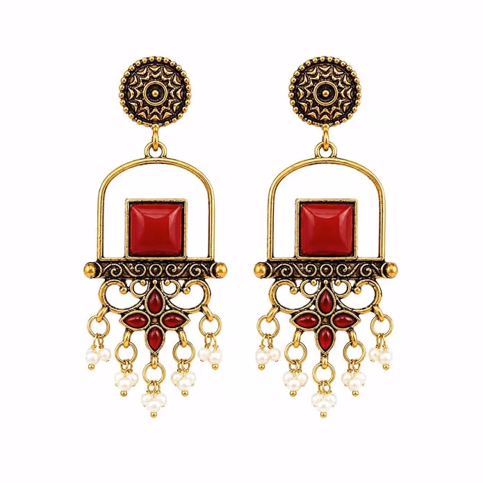 Artificial Pearl Dangle Earrings for Women, Gold Tone Statement Earrings with Traditional Decorative Design - Image 1