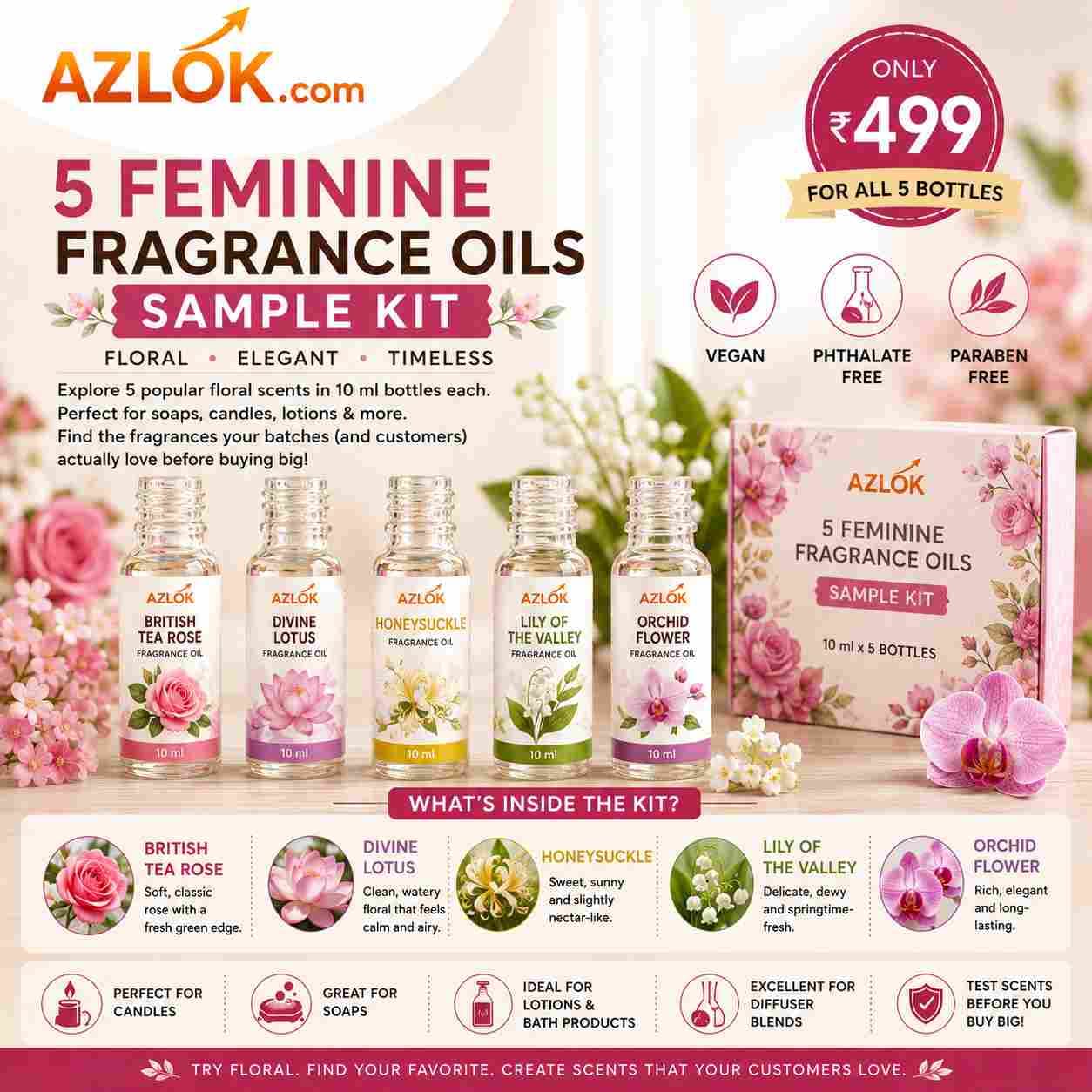5 Feminine Fragrance Oils Sample Kit - 10 Ml Each - Image 1