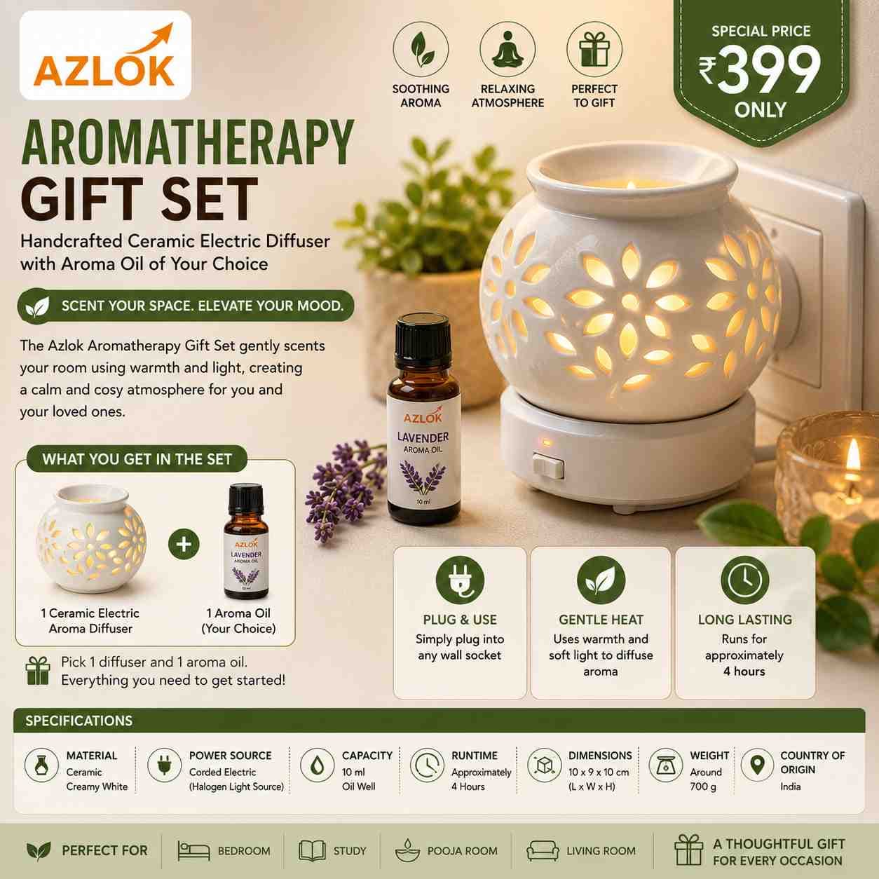 Azlok Aromatherapy Gift Set: A Ceramic Diffuser and Oil to Scent Your Home