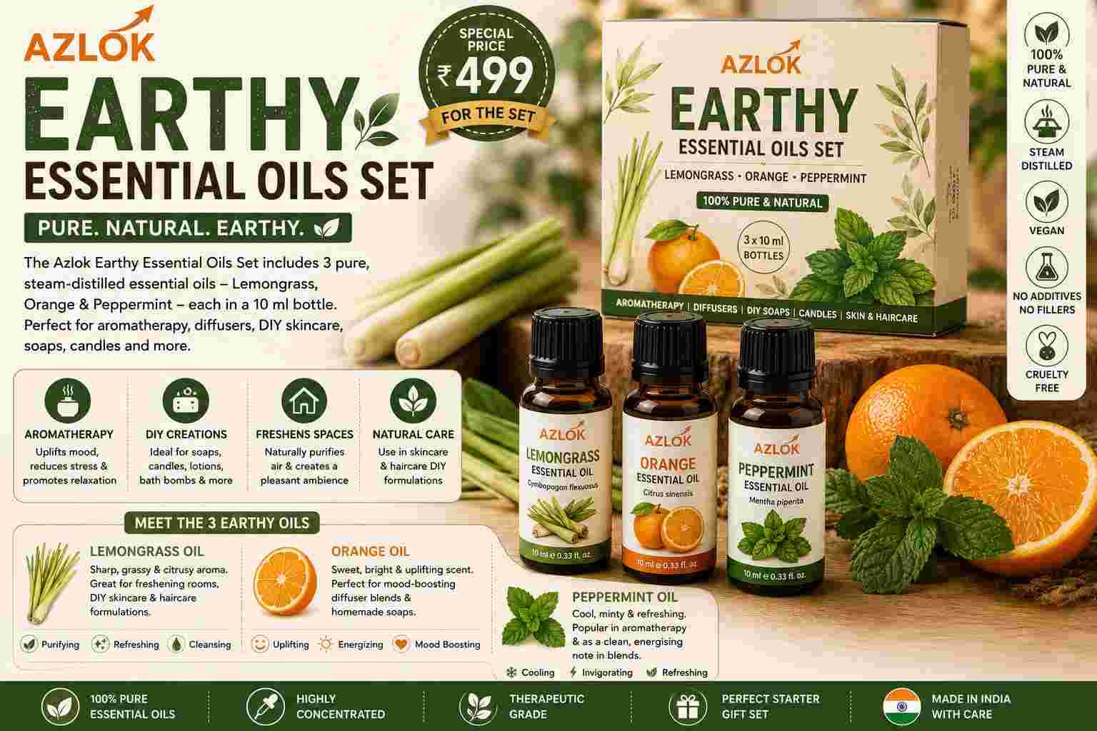 Earthy Essential Oils Set - Pack of 3 Oils