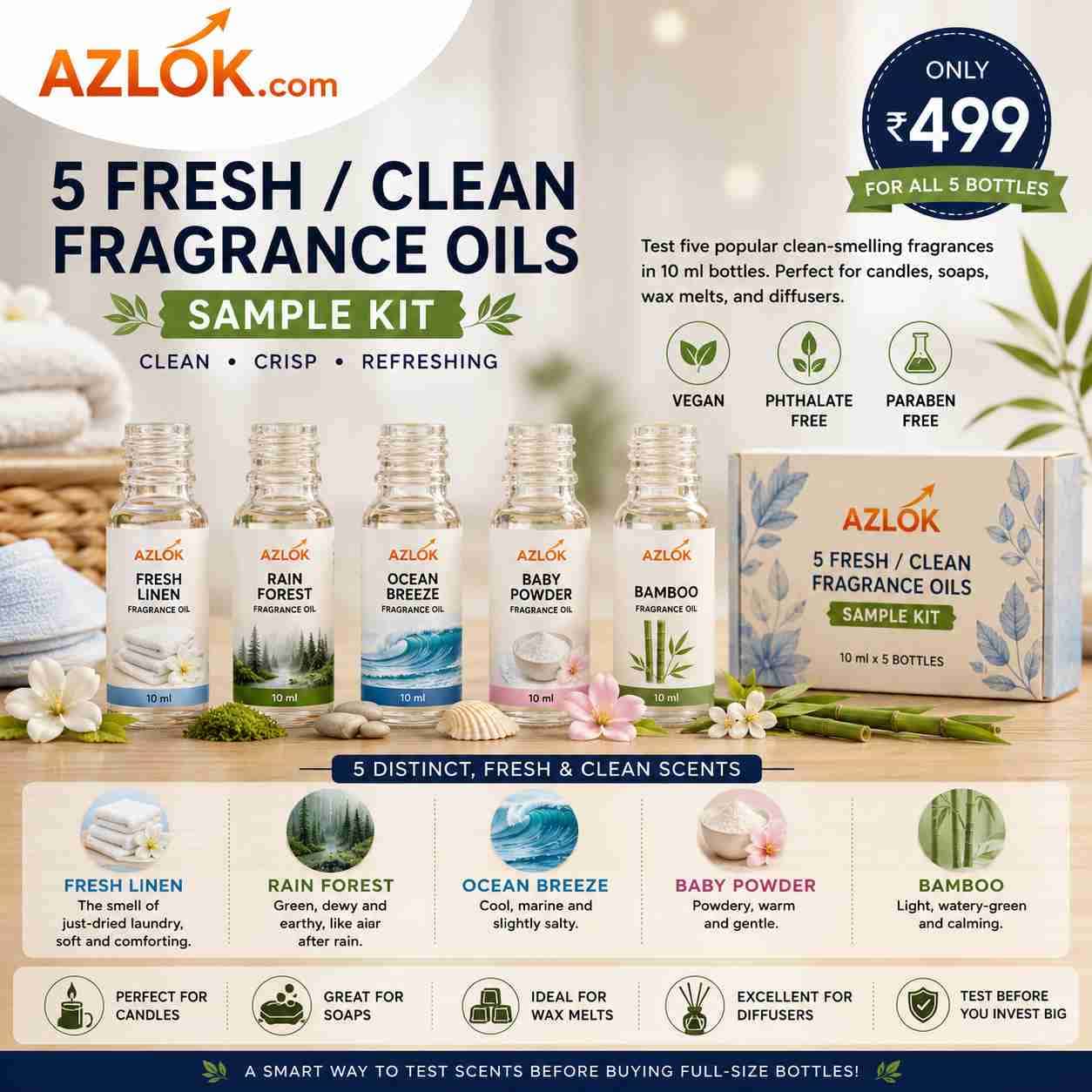 5 Fresh / Clean Fragrance Oils Sample Kit - 10 Ml Each