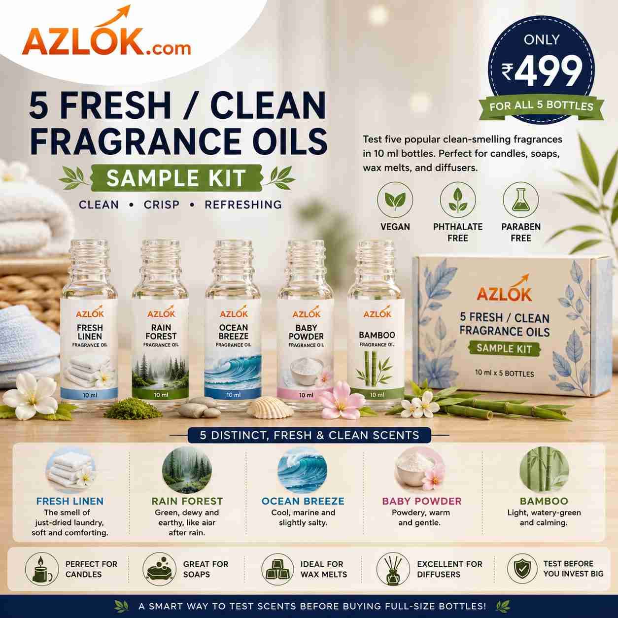 Fresh & Clean Fragrance Oils Sample Kit: 5 Scents for DIY Candles and Soaps
