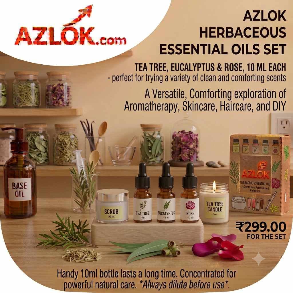 Azlok Herbaceous Essential Oils Set: Tea Tree, Eucalyptus & Rose