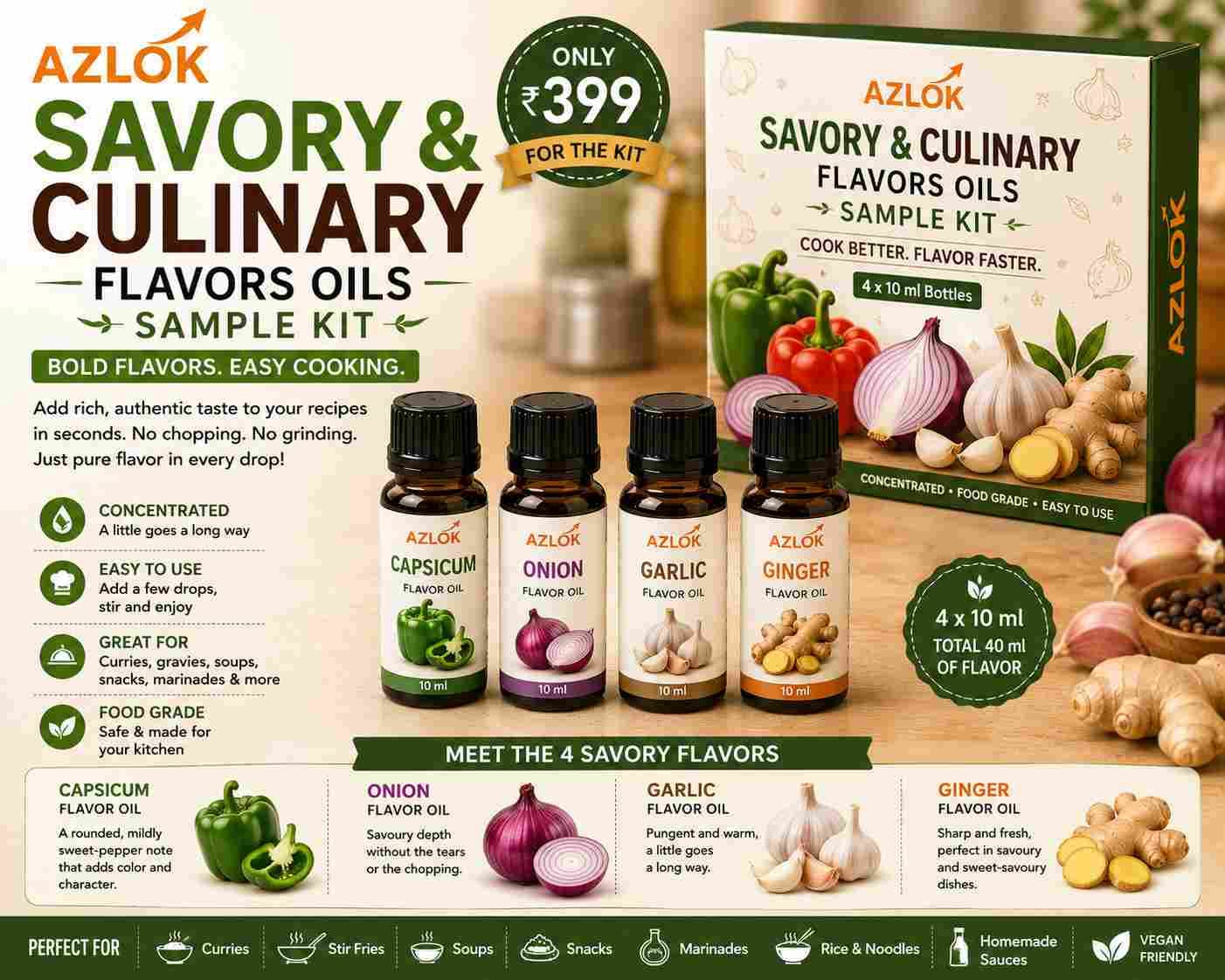 Savory Flavor Oils Sample Kit: How to Cook With Capsicum, Onion, Garlic and Ginger Oils